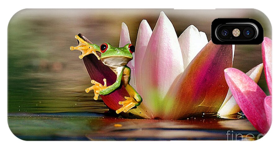 Red Eye Tree Frog iPhone X Case featuring the mixed media Water Lily and Frog by Morag Bates