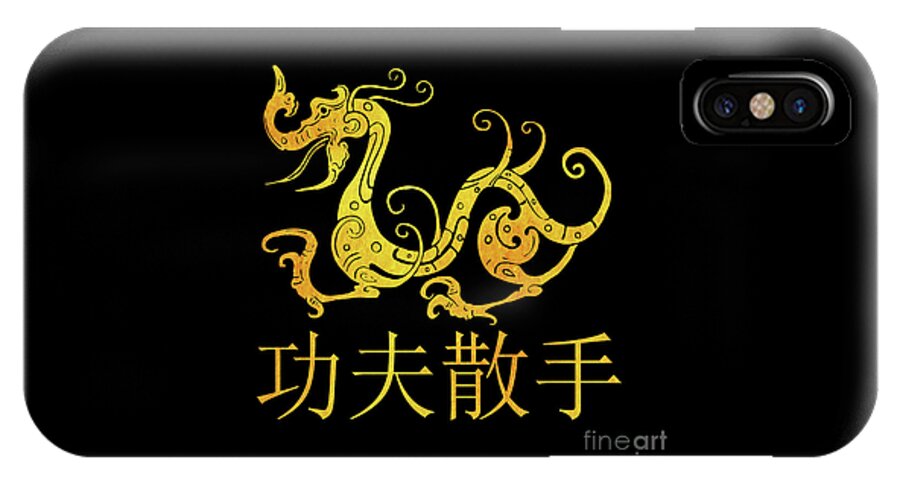 Chinese iPhone X Case featuring the digital art Gold Copper Dragon Kung Fu San Soo on Black by Leah McPhail