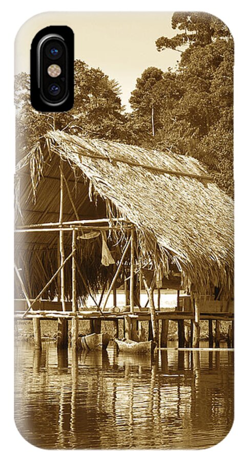 Tropics Water Sepia Bocas Panama Indian Life Palm Trees Island Beach iPhone X Case featuring the photograph Ngobe Bugle Hut Over The Water Sepia by Elle Nicolai