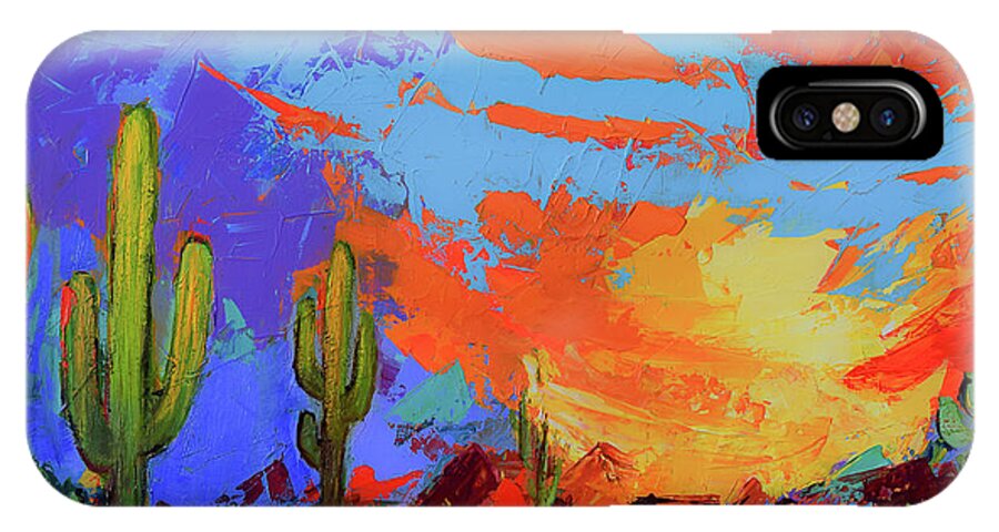 Saguaros iPhone X Case featuring the painting Saguaros Land Sunset by Elise Palmigiani