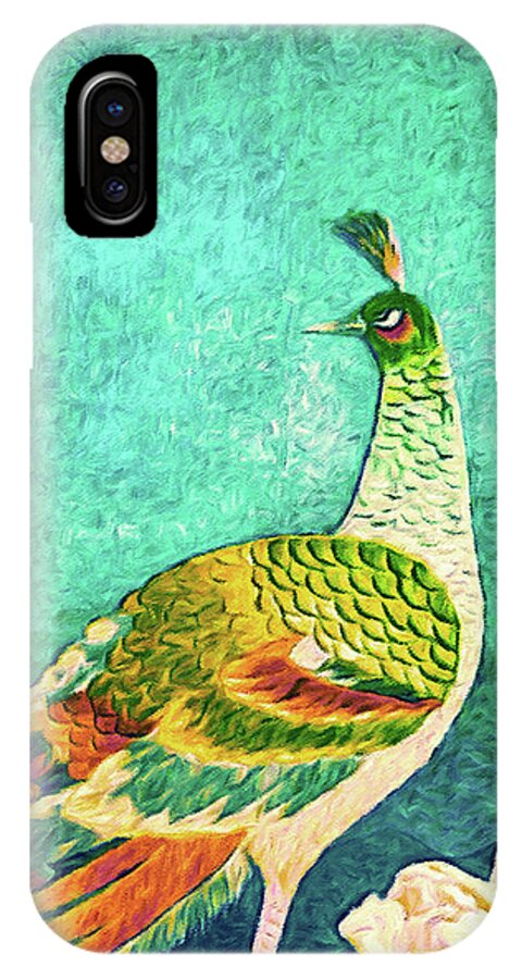 Handsome Peacock iPhone X Case featuring the tapestry - textile The Handsome Peacock - Kimono Series by Susan Maxwell Schmidt
