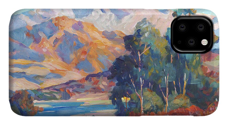 Mountains iPhone 11 Case featuring the painting California Lake by David Lloyd Glover