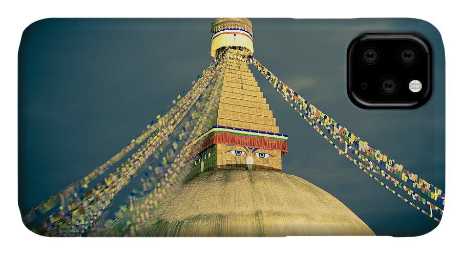 Wisdom iPhone 11 Case featuring the photograph Bodhnath Stupa at night in kathmandu #1 by Raimond Klavins