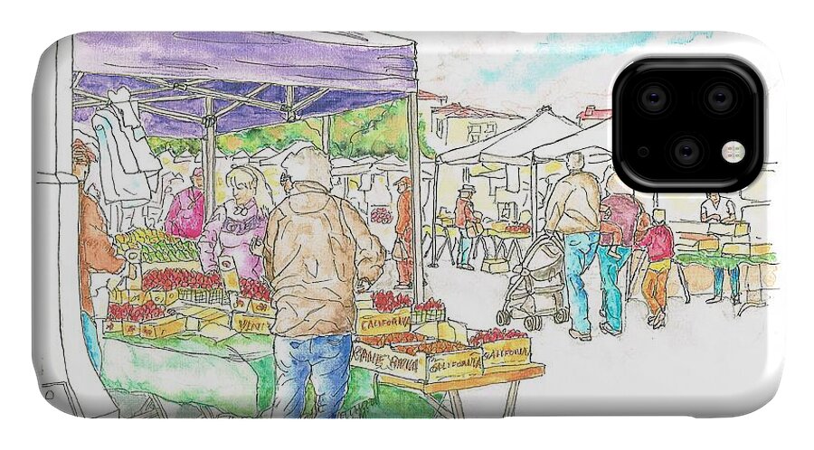 Watercolors iPhone 11 Case featuring the painting Farmers Market in Oxnard - California #1 by Carlos G Groppa