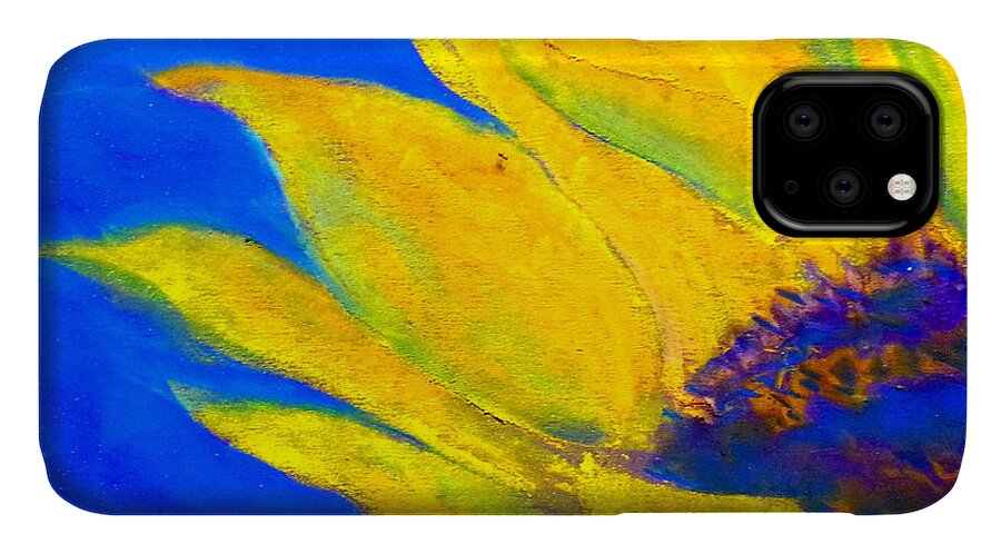 Sunflower iPhone 11 Case featuring the painting Sunflower in Blue by Sue Jacobi