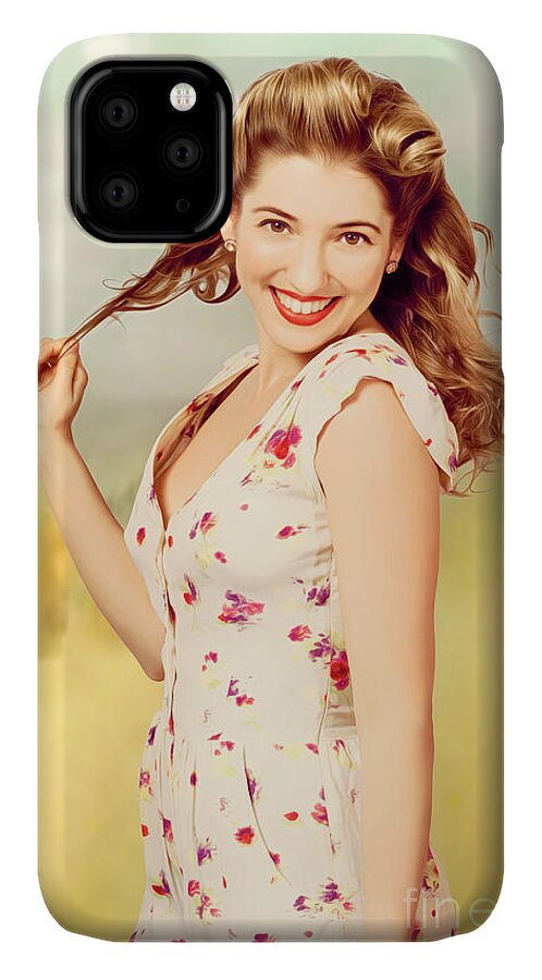 Illustration iPhone 11 Case featuring the photograph Vintage pinup woman with pretty make-up and hair #1 by Jorgo Photography
