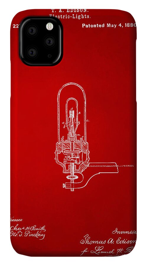 Electricity iPhone 11 Case featuring the digital art 1880 Edison Electric Lights Patent Artwork - Red by Nikki Marie Smith