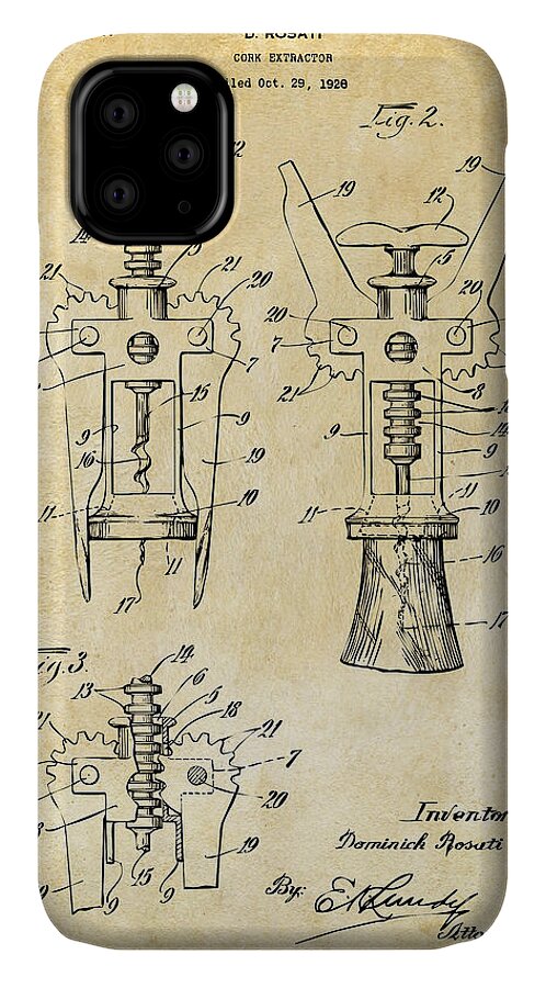 Corkscrew iPhone 11 Case featuring the digital art 1928 Cork Extractor Patent Art - Vintage Black by Nikki Marie Smith