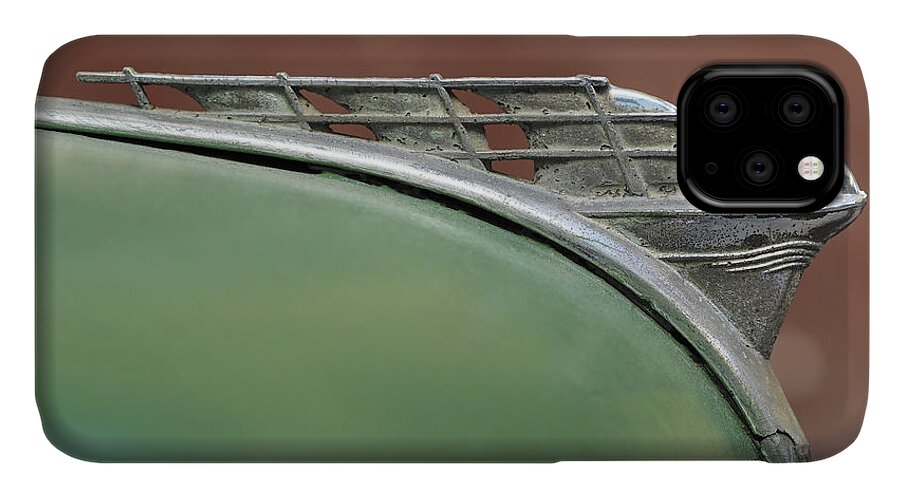 Plymouth-hood-ornament iPhone 11 Case featuring the photograph 1950 PLYMOUTH HOOD ORNAMENT - IMAGE ART by JO ANN TOMASELLI by Jo Ann Tomaselli