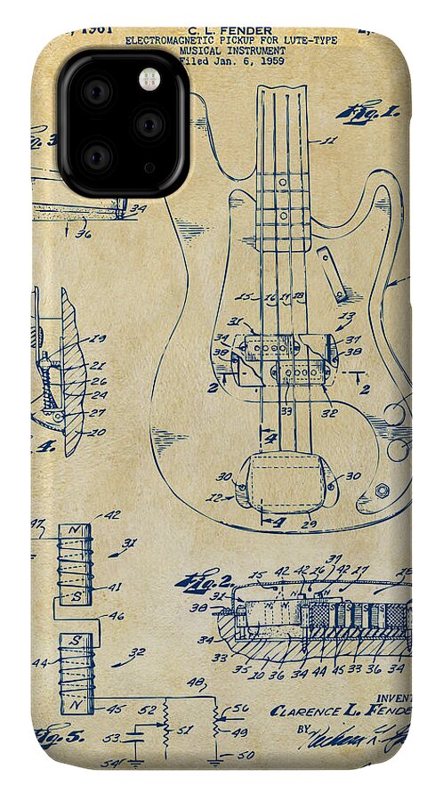 Guitar iPhone 11 Case featuring the digital art 1961 Fender Guitar Patent Artwork - Vintage by Nikki Marie Smith