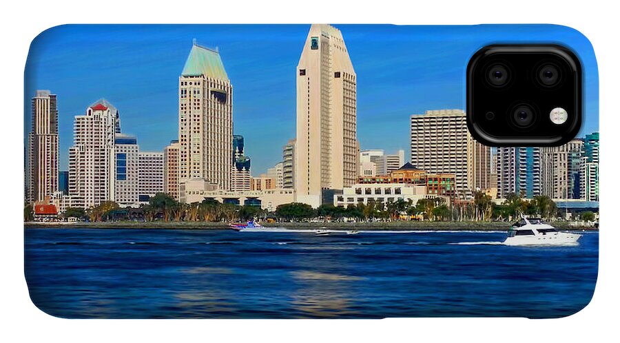 2014 San Diego Skyline iPhone 11 Case featuring the mixed media 2014 San Diego Skyline by Glenn McNary