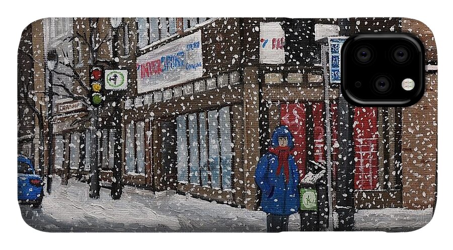 Verdun Winter Scenes iPhone 11 Case featuring the painting A Snowy Day on Wellington by Reb Frost