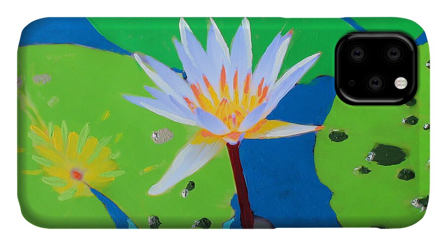 Water Lily iPhone 11 Case featuring the mixed media A Water Lily In Its Pad by Deborah Boyd