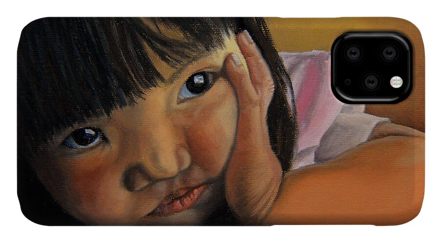 Children Paintings iPhone 11 Case featuring the painting Amelie-An 2 by Thu Nguyen