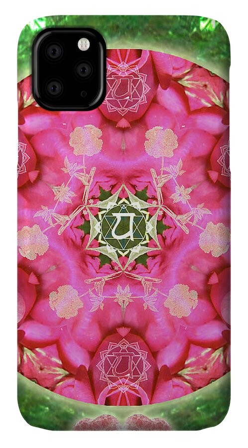 Mandala iPhone 11 Case featuring the mixed media Anahata Rose by Alicia Kent