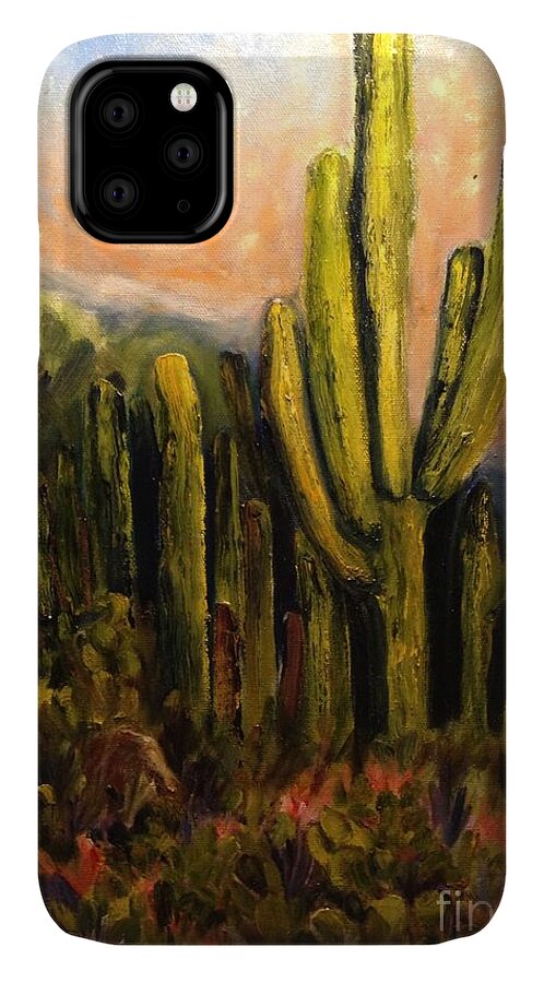 Landscape iPhone 11 Case featuring the painting Arizona Desert Blooms by Sherry Harradence
