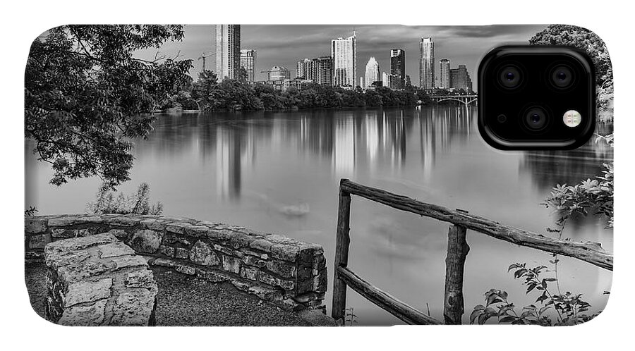 Downtown iPhone 11 Case featuring the photograph Austin Texas Skyline Lou Neff Point in Black and White by Silvio Ligutti