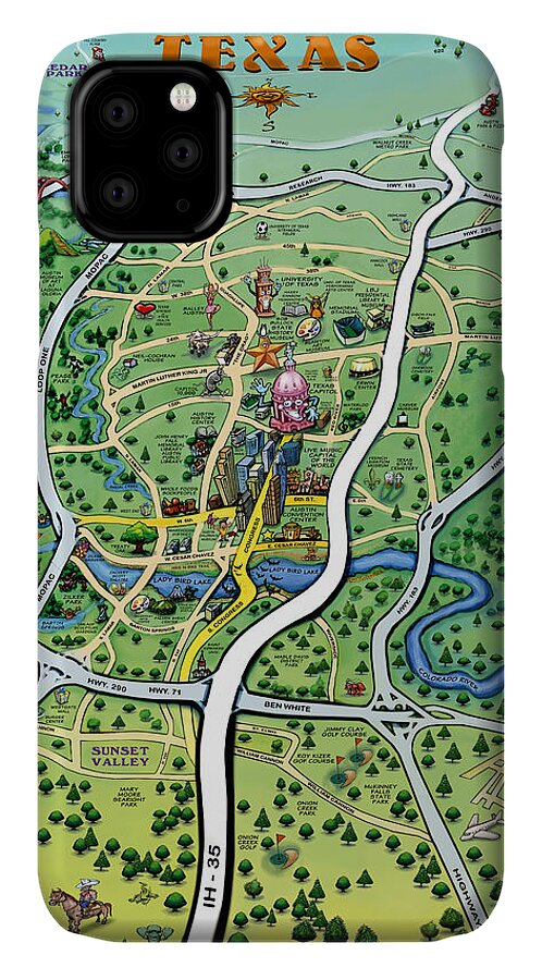 Austin iPhone 11 Case featuring the digital art Austin TX Cartoon Map by Kevin Middleton