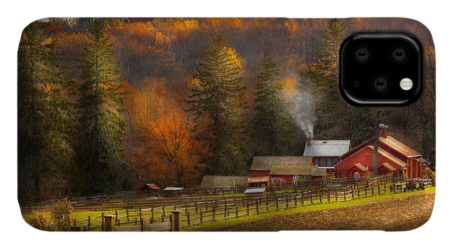 Happy Little Trees iPhone 11 Case featuring the photograph Autumn - Barn - The end of a season by Mike Savad
