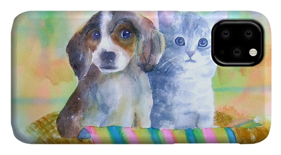 Puppy iPhone 11 Case featuring the painting Basket Full of Love by Debbie Lewis