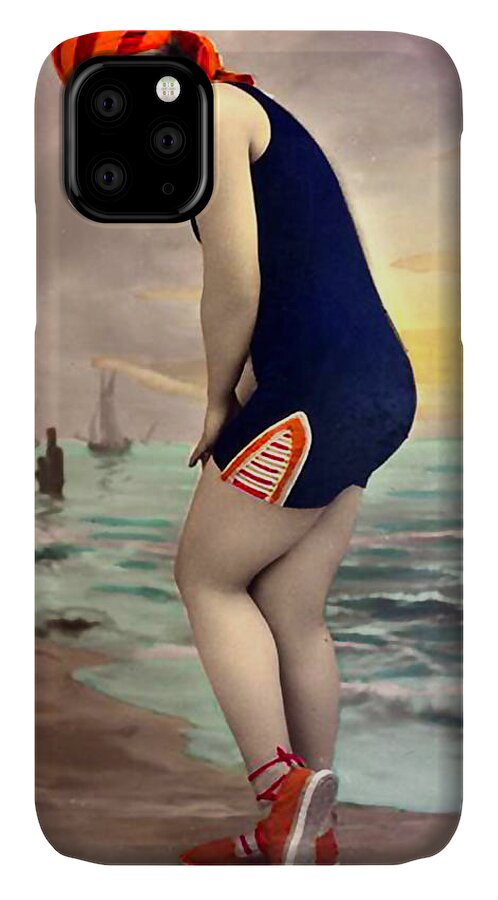 Vintage Postcards iPhone 11 Case featuring the photograph Bathing Beauty in Orange and Navy Bathing Suit by Denise Beverly