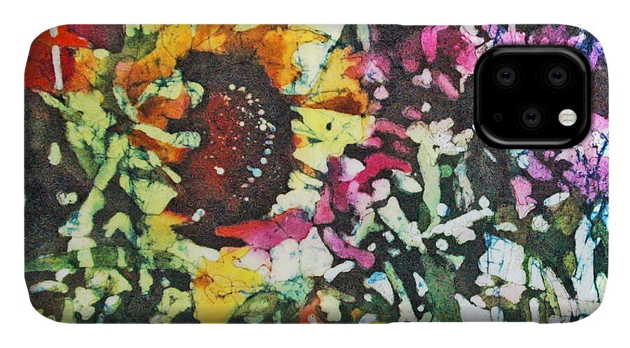 Batik iPhone 11 Case featuring the painting Batik Sunflower 1 by Diane Fujimoto