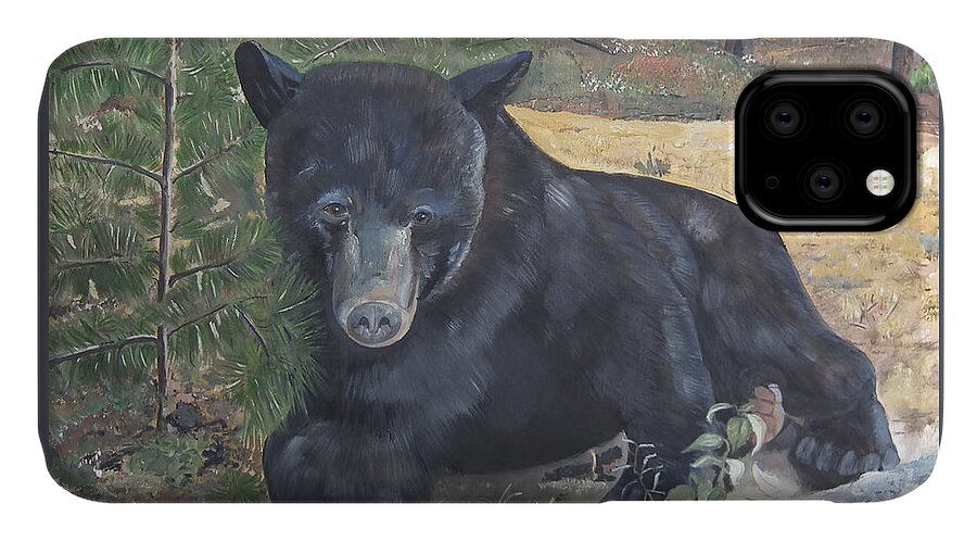 Black Bear iPhone 11 Case featuring the painting Black Bear - Wildlife Art -Scruffy by Jan Dappen
