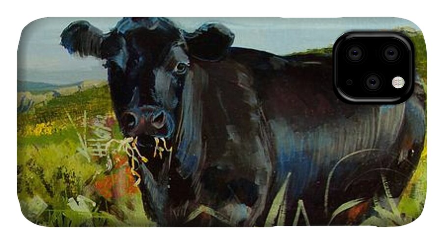 Dartmoor iPhone 11 Case featuring the painting Black Cow Dartmoor by Mike Jory