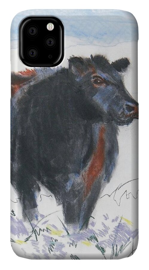 Mike Jory Cow iPhone 11 Case featuring the painting Black Cow Drawing by Mike Jory