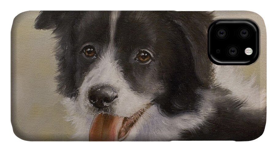 Border Collie iPhone 11 Case featuring the painting Border Collie pup portrait IV by John Silver