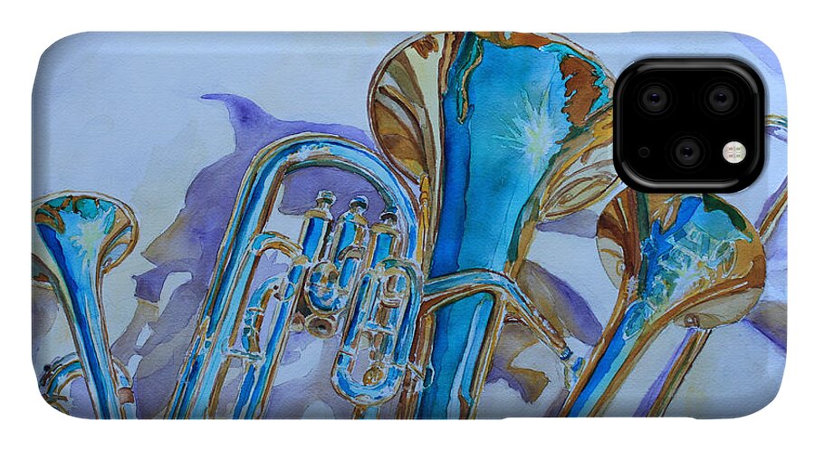 Trombone iPhone 11 Case featuring the painting Brass Candy Trio by Jenny Armitage