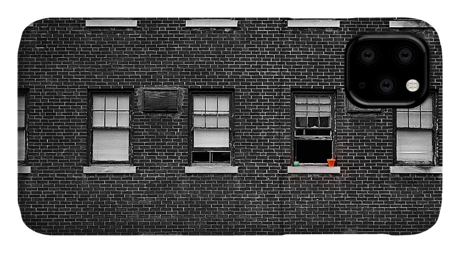 Architecture iPhone 11 Case featuring the photograph Brick Wall and Windows by Jim Shackett