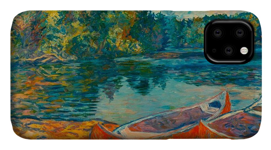 Landscape iPhone 11 Case featuring the painting Canoes at Mountain Lake by Kendall Kessler