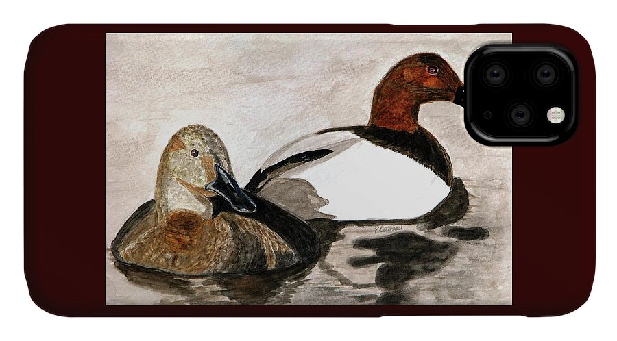 Canvasback Ducks iPhone 11 Case featuring the painting Canvasback Couple by Angela Davies