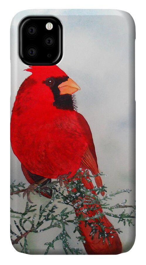 Red iPhone 11 Case featuring the painting Cardinal by Laurel Best