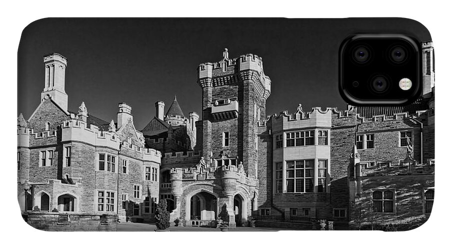 Casa Loma iPhone 11 Case featuring the photograph Casa Loma in Toronto in Black and White by Les Palenik