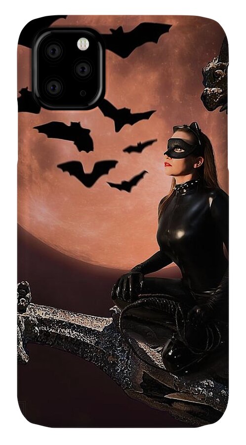 Cat Woman iPhone 11 Case featuring the painting Cat vs Bat by Jon Volden