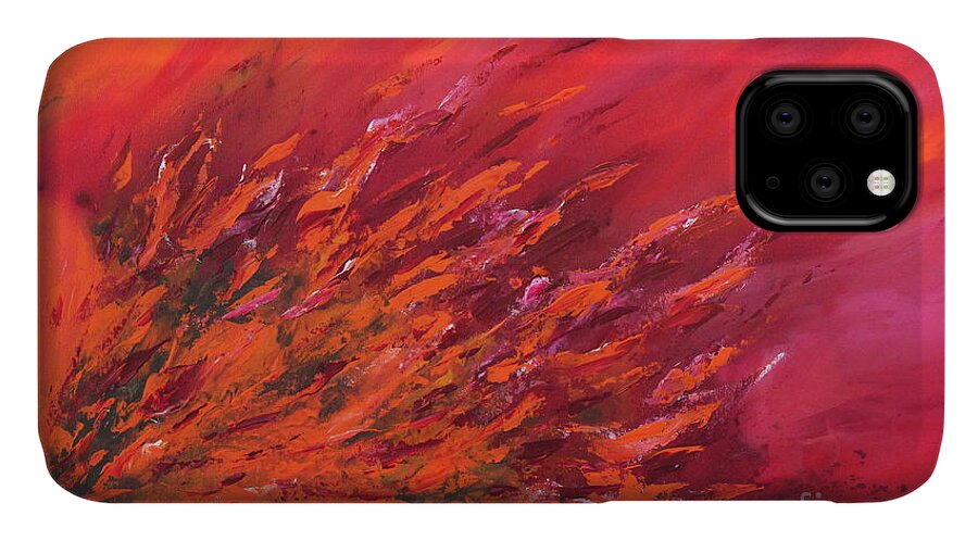 Orange Painting iPhone 11 Case featuring the painting Cheerful by Preethi Mathialagan