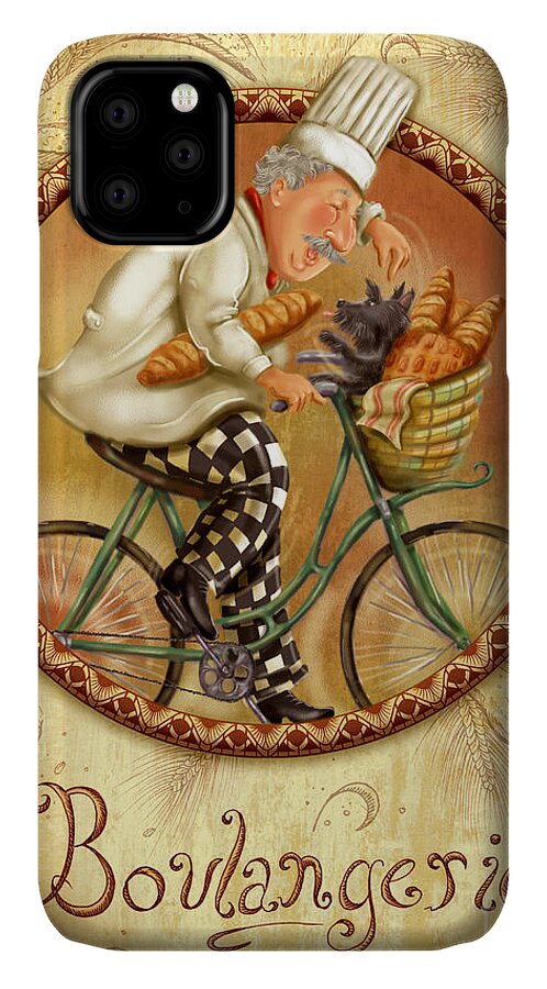 Chef iPhone 11 Case featuring the mixed media Chefs on Bikes-Boulangerie by Shari Warren