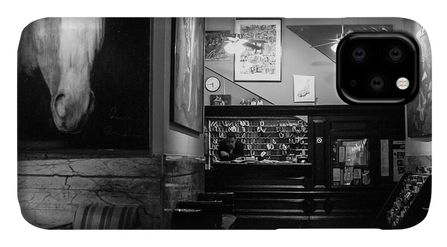 B&w iPhone 11 Case featuring the photograph Chelsea Hotel Night Clerk by Frank Winters