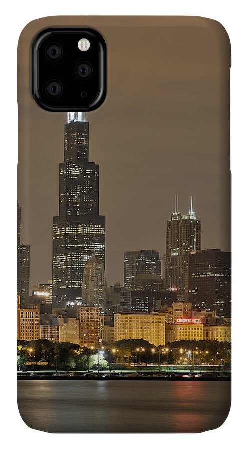 Chicago Skyline iPhone 11 Case featuring the photograph Chicago Skyline at Night by Sebastian Musial