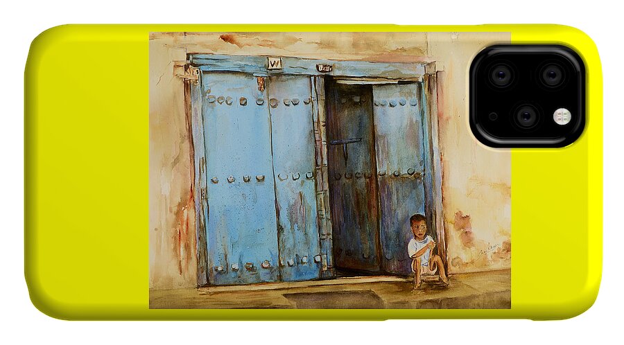 Doorway iPhone 11 Case featuring the painting Child sitting in old Zanzibar doorway by Sher Nasser