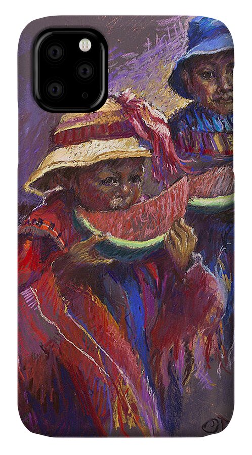 Guatemala iPhone 11 Case featuring the painting Children Eating Melons by Ellen Dreibelbis