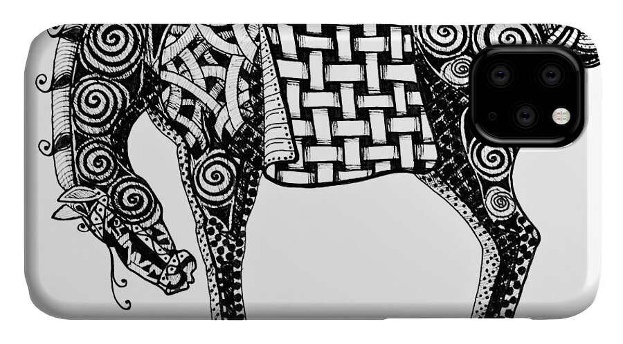Chinese iPhone 11 Case featuring the drawing Chinese Horse - Zentangle by Jani Freimann