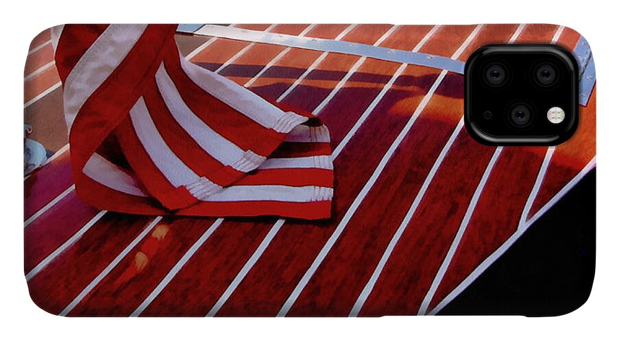 Classic Boat iPhone 11 Case featuring the photograph Chris Craft with American Flag by Michelle Calkins