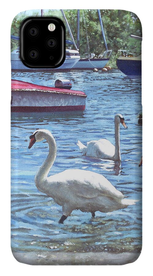Christchurch iPhone 11 Case featuring the painting Christchurch Harbour Swans And Boats by Martin Davey