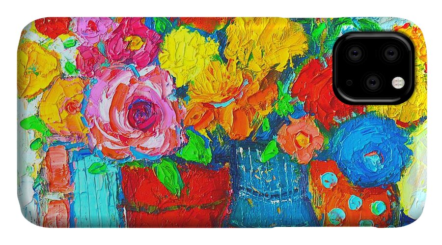 Flowers iPhone 11 Case featuring the painting Colorful Vases And Flowers - Abstract Expressionist Painting by Ana Maria Edulescu