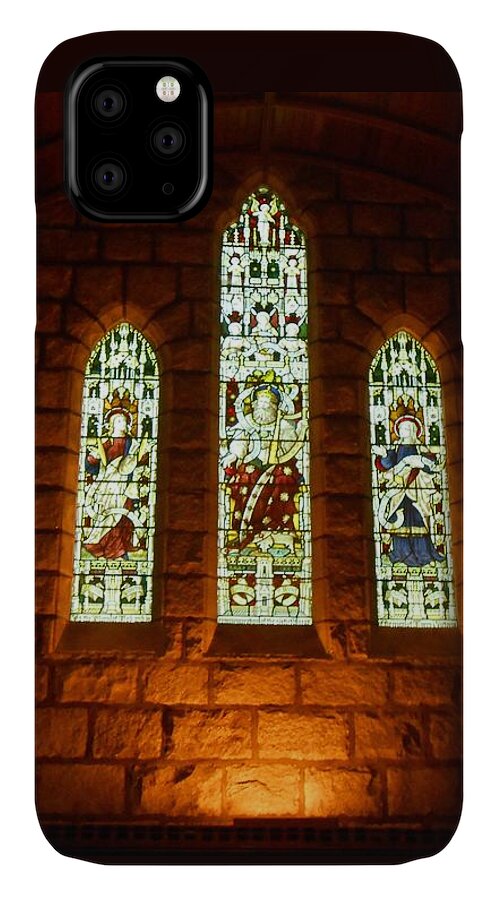 Crathie Church iPhone 11 Case featuring the photograph Colourful Windows at Crathie Church by Joan-Violet Stretch