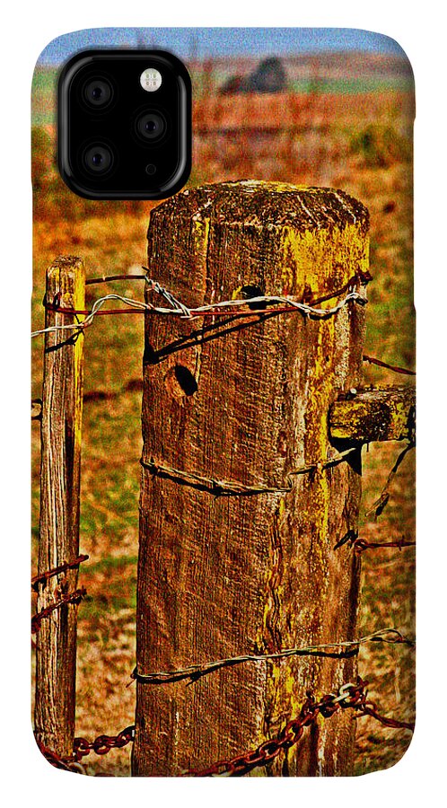 Pasture iPhone 11 Case featuring the digital art Corner Post at Gate by Joseph Coulombe