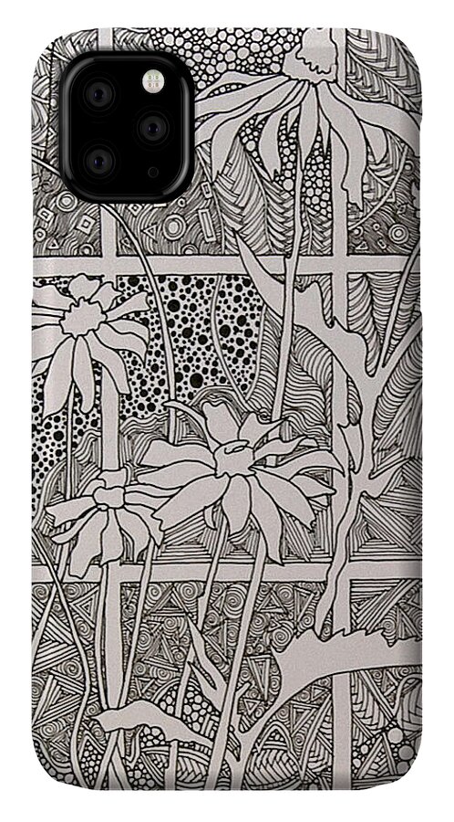 Pen iPhone 11 Case featuring the drawing Daisies in a Window by Terry Holliday